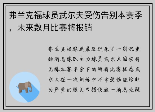 弗兰克福球员武尔夫受伤告别本赛季，未来数月比赛将报销