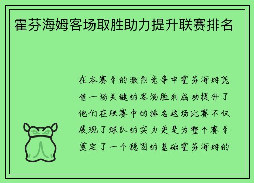 霍芬海姆客场取胜助力提升联赛排名
